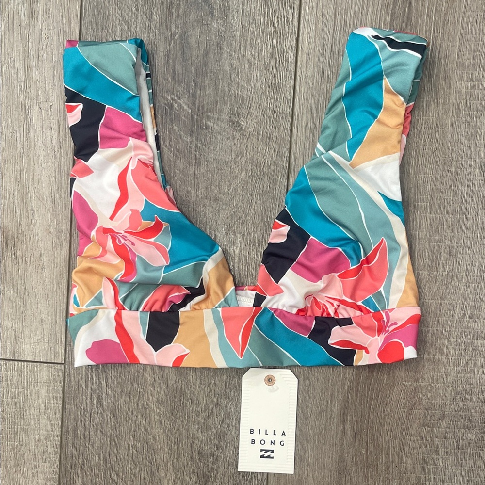 Billabong Floral V-Neck Bikini Top in Teal, Pink, Coral, Mustard